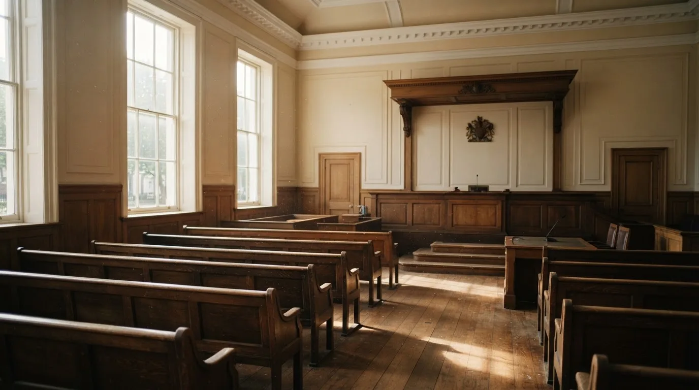 An empty courtroom with wooden benches in morning light