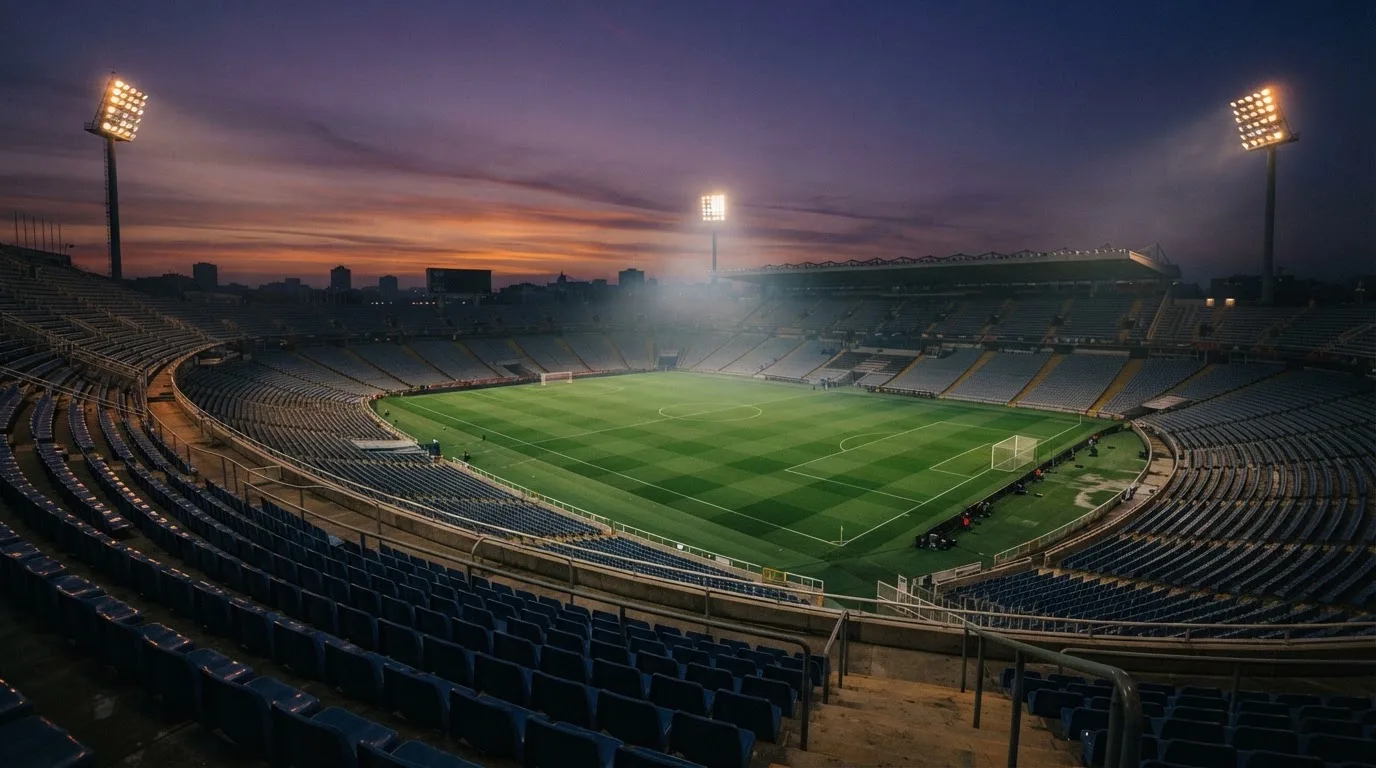 An empty football stadium with floodlight masts at dusk
