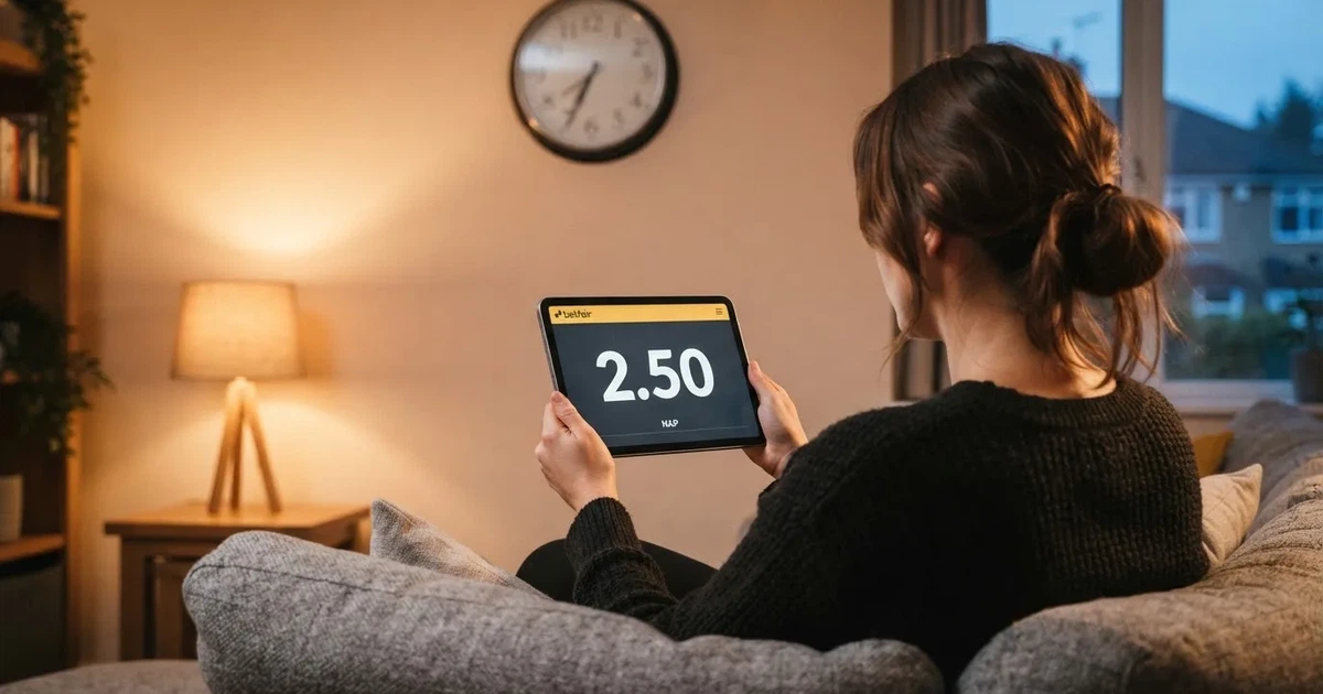 A person on a sofa looking thoughtfully at a tablet, a wall clock in the background