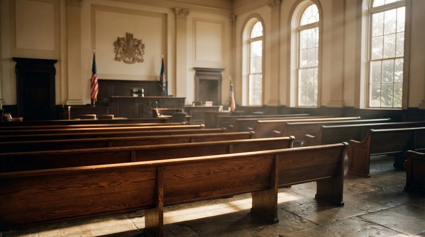 An empty courtroom with wooden benches in morning light
