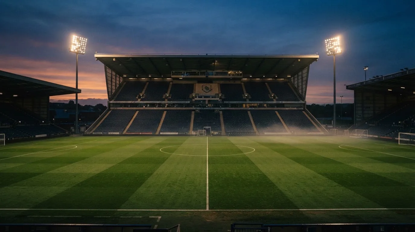 An empty football stadium with floodlight masts at dusk