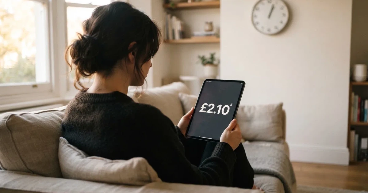 A person on a sofa looking thoughtfully at a tablet, a wall clock in the background