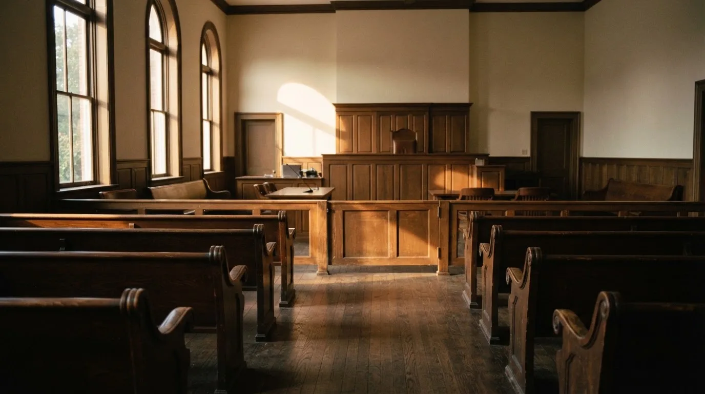 An empty courtroom with wooden benches in morning light