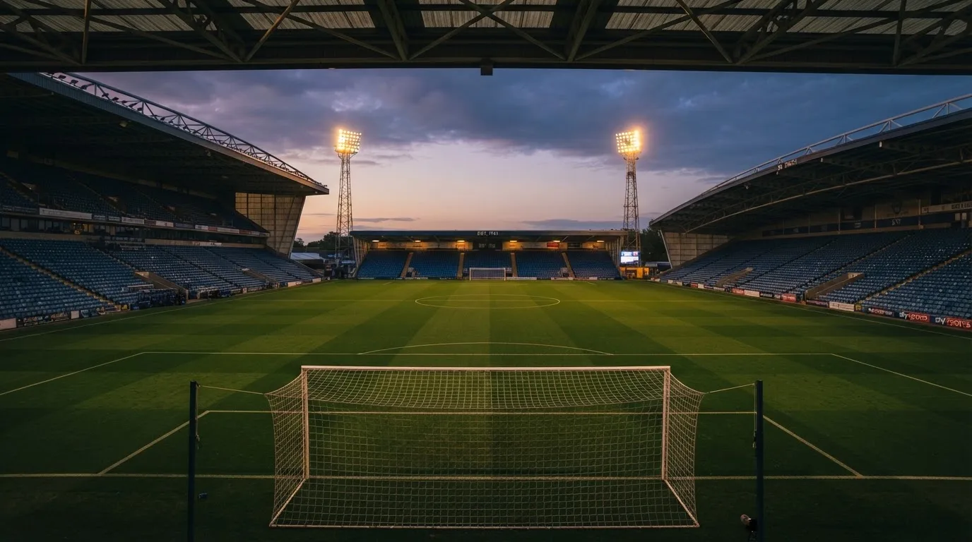 An empty football stadium with floodlight masts at dusk