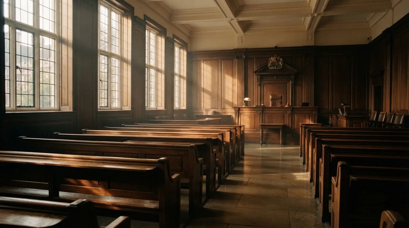 An empty courtroom with wooden benches in morning light