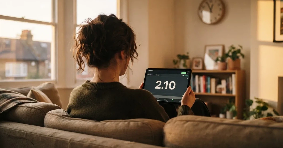 A person on a sofa looking thoughtfully at a tablet, a wall clock in the background