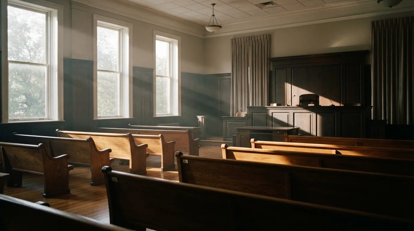 An empty courtroom with wooden benches in morning light