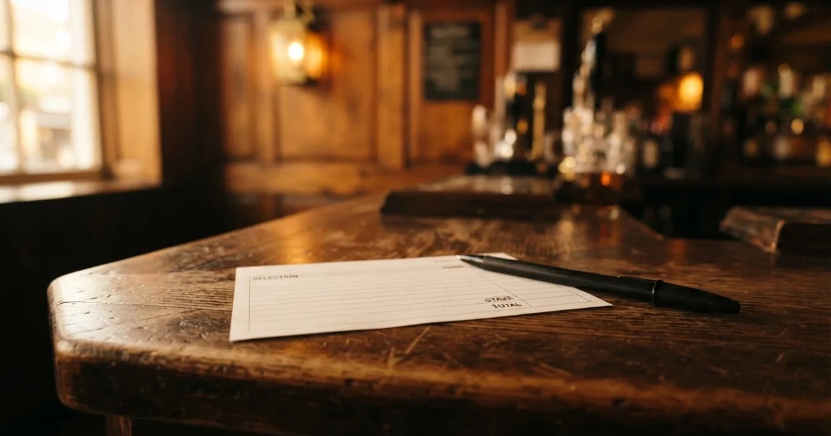 A blank paper betting slip beside a pen on a wooden counter