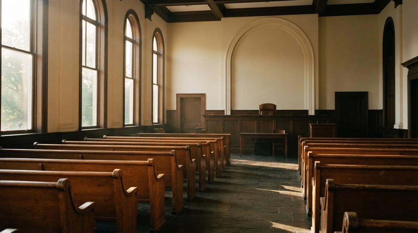 An empty courtroom with wooden benches in morning light