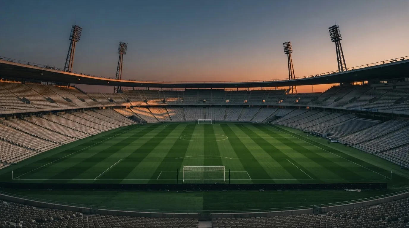 An empty football stadium with floodlight masts at dusk