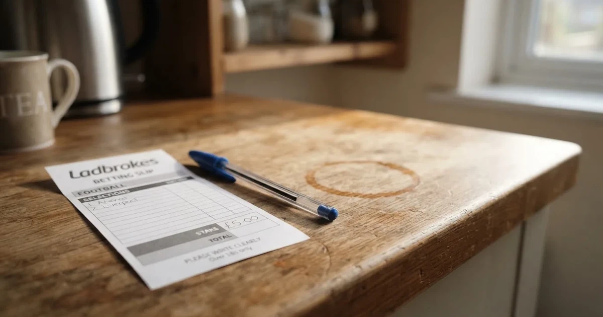 A blank paper betting slip beside a pen on a wooden counter