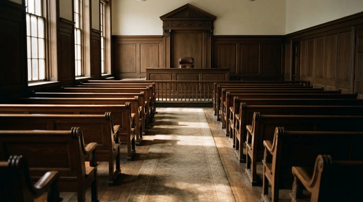 An empty courtroom with wooden benches in morning light