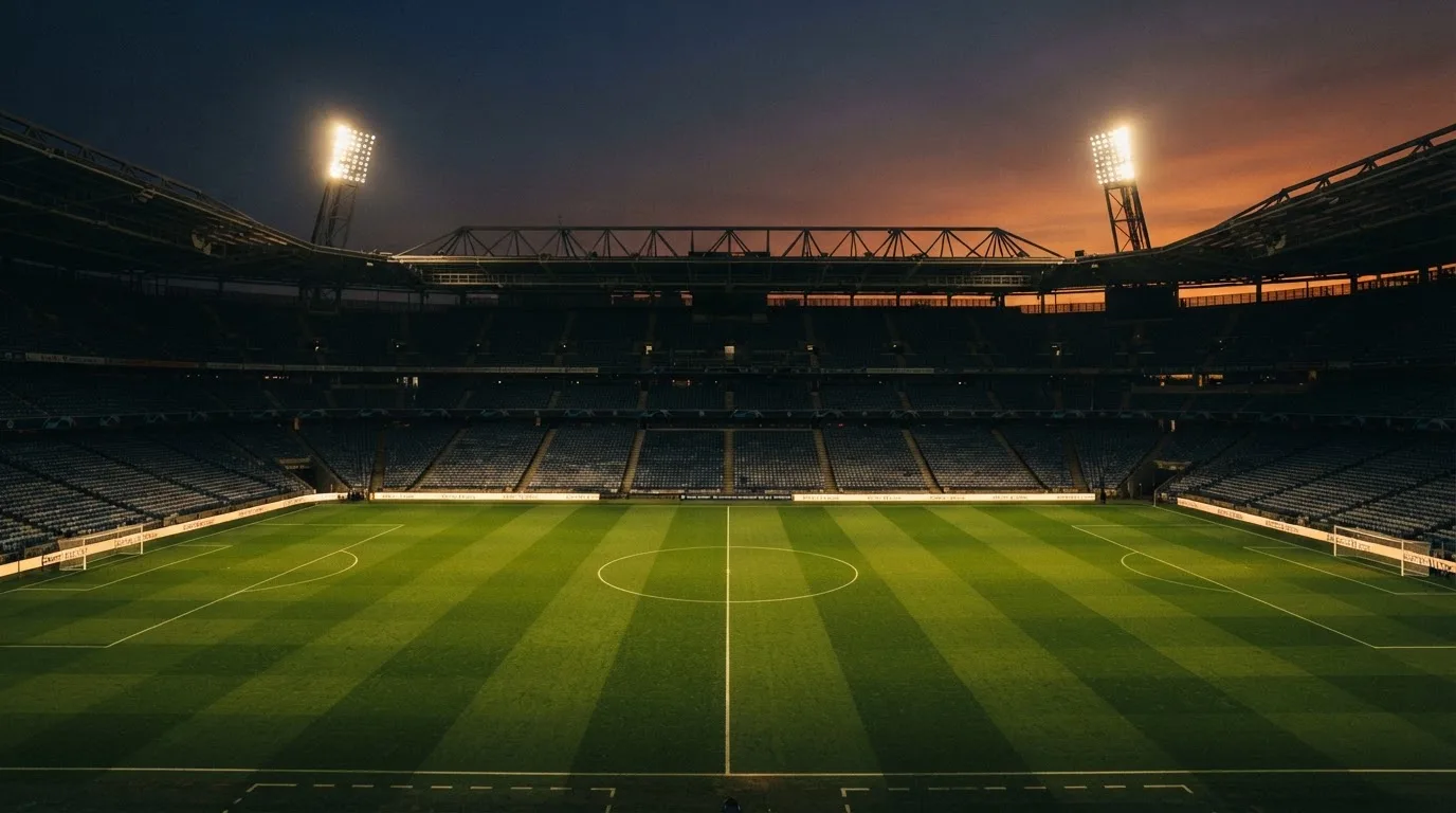 An empty football stadium with floodlight masts at dusk