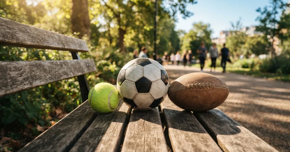 Three balls of different kinds side by side on a wooden bench