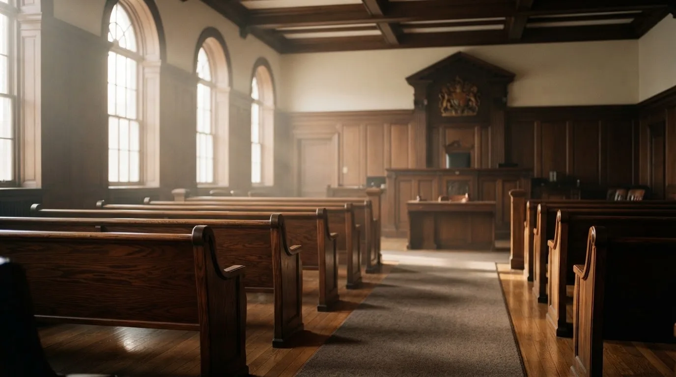 An empty courtroom with wooden benches in morning light