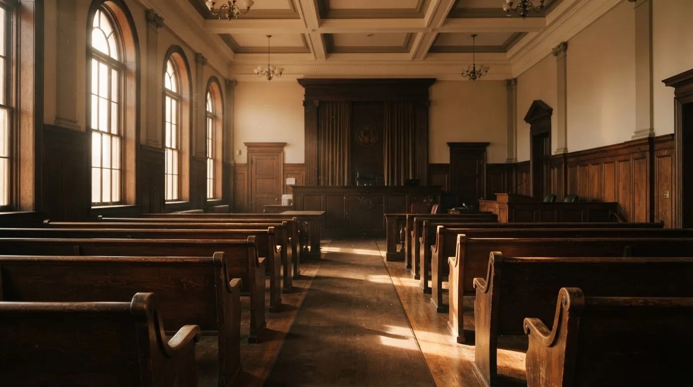 An empty courtroom with wooden benches in morning light