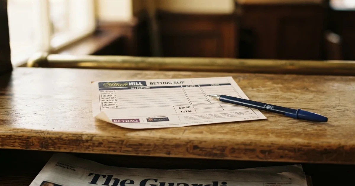 A blank paper betting slip beside a pen on a wooden counter