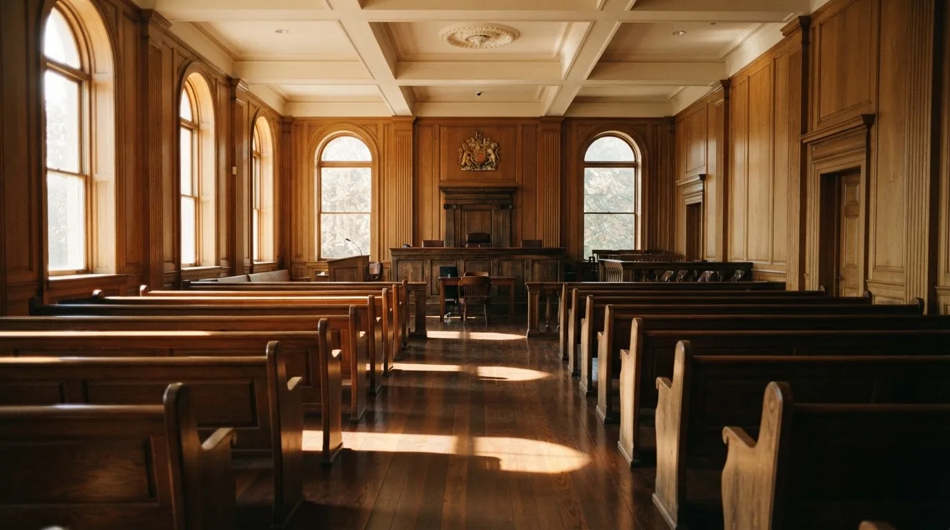 An empty courtroom with wooden benches in morning light