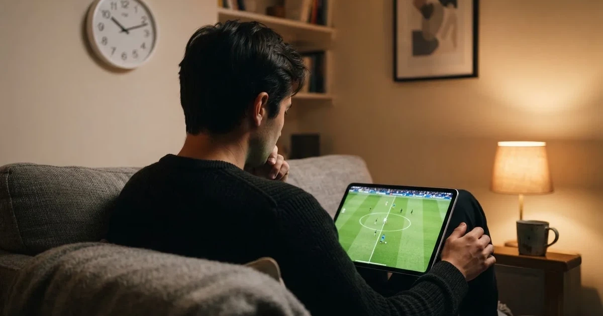 A person on a sofa looking thoughtfully at a tablet, a wall clock in the background