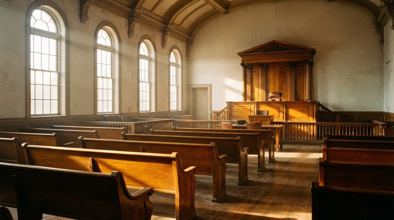 An empty courtroom with wooden benches in morning light