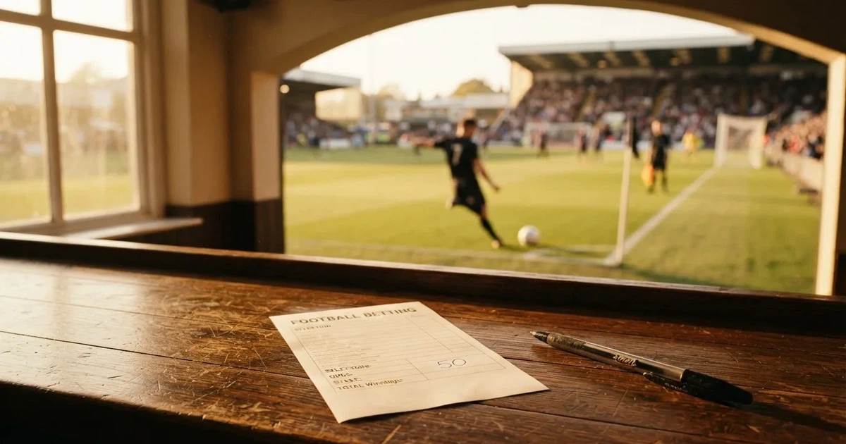 A blank paper betting slip beside a pen on a wooden counter