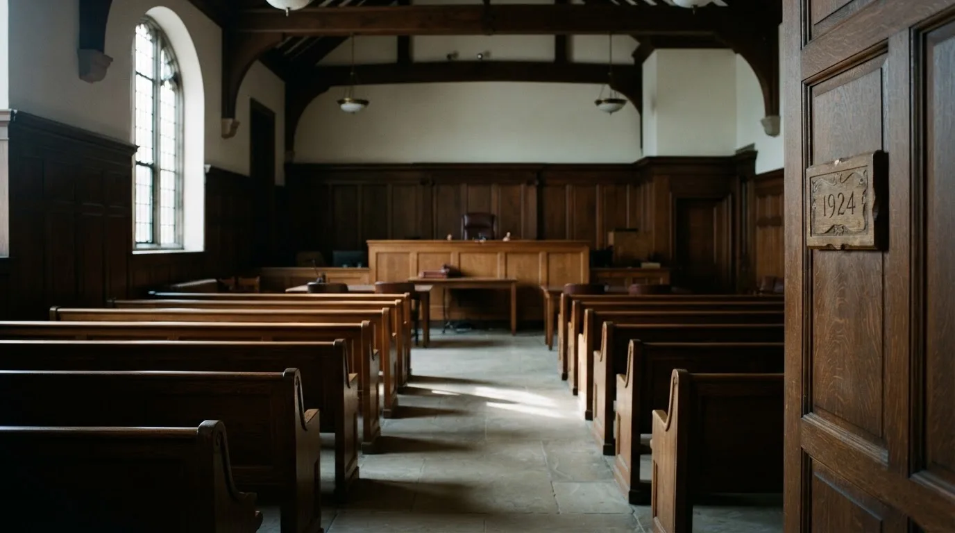 An empty courtroom with wooden benches in morning light