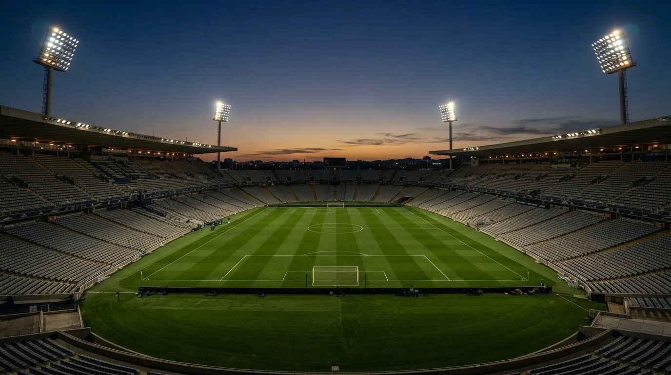 An empty football stadium with floodlight masts at dusk