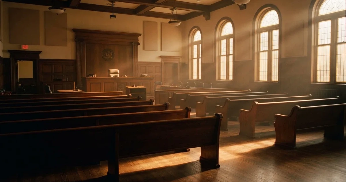 An empty courtroom with wooden benches in morning light
