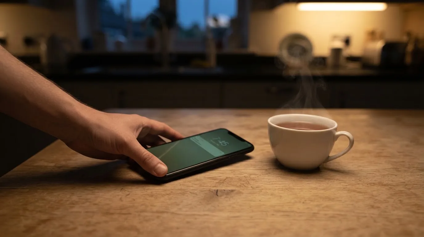 A hand setting a smartphone down beside a cup of tea on a kitchen table on a quiet evening