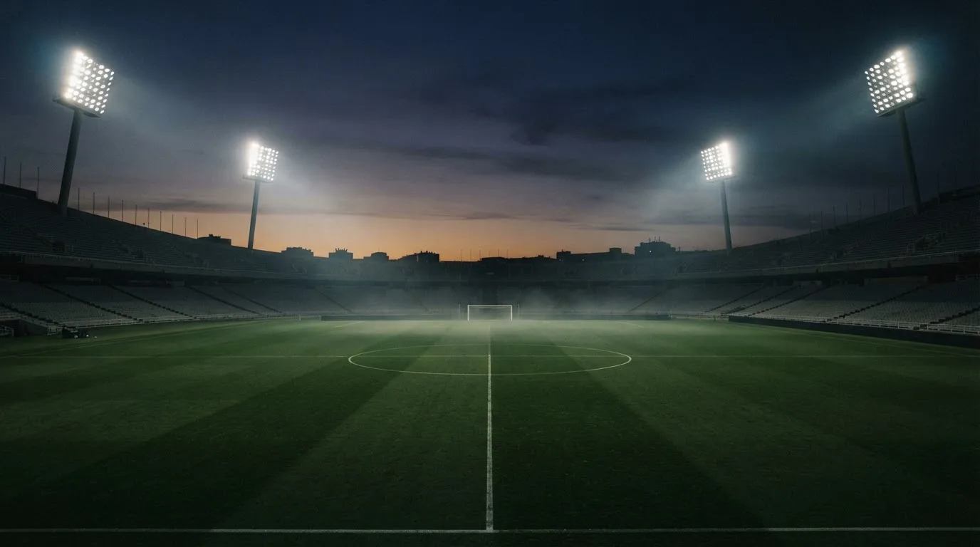An empty football stadium with floodlight masts at dusk