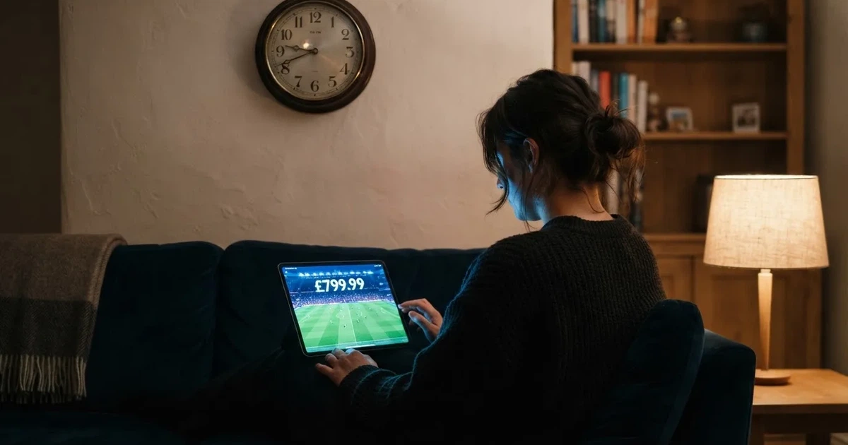 A person on a sofa looking thoughtfully at a tablet, a wall clock in the background