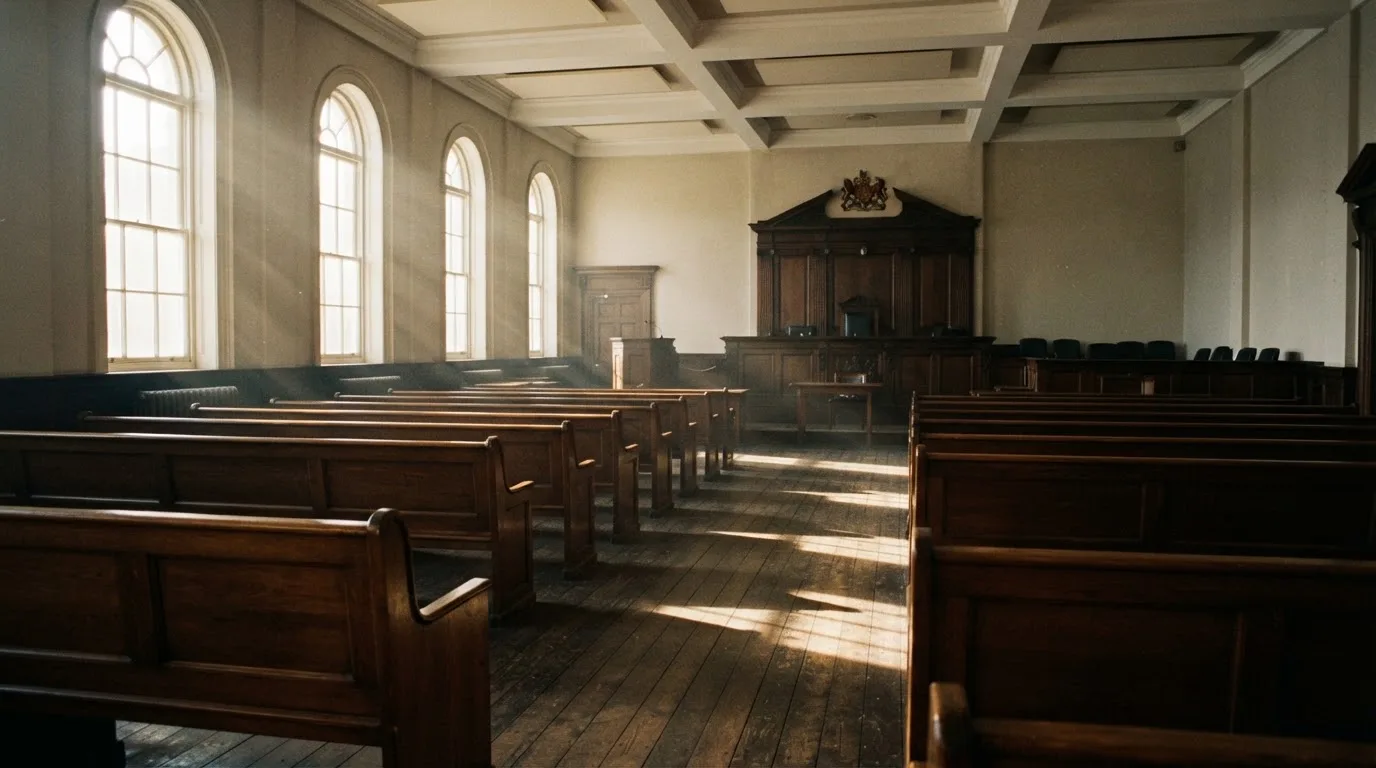 An empty courtroom with wooden benches in morning light