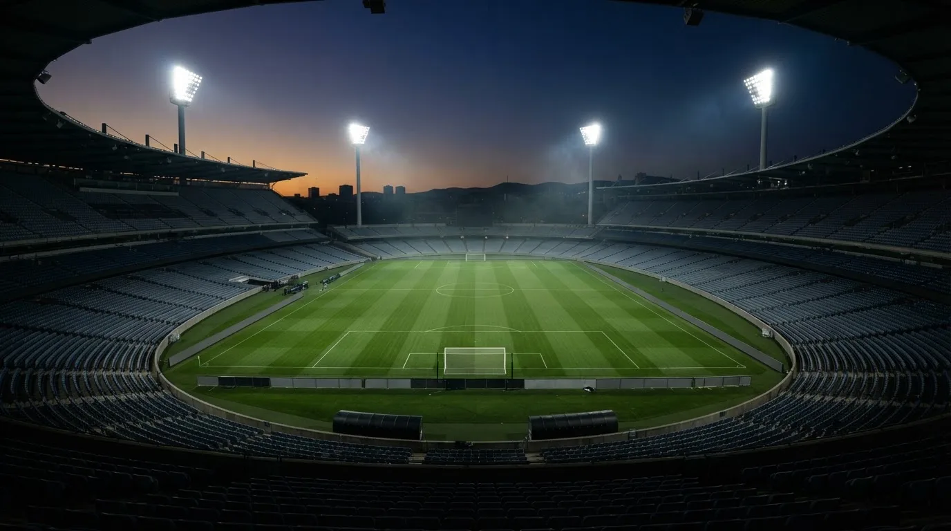 An empty football stadium with floodlight masts at dusk