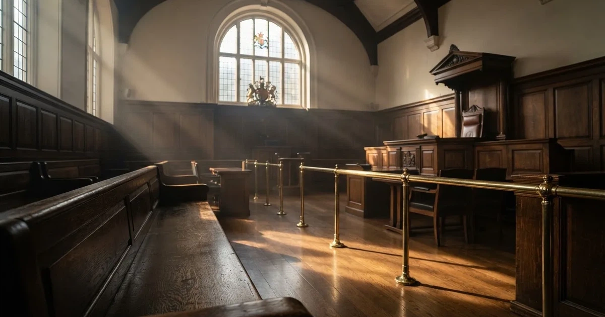 An empty courtroom with wooden benches in morning light