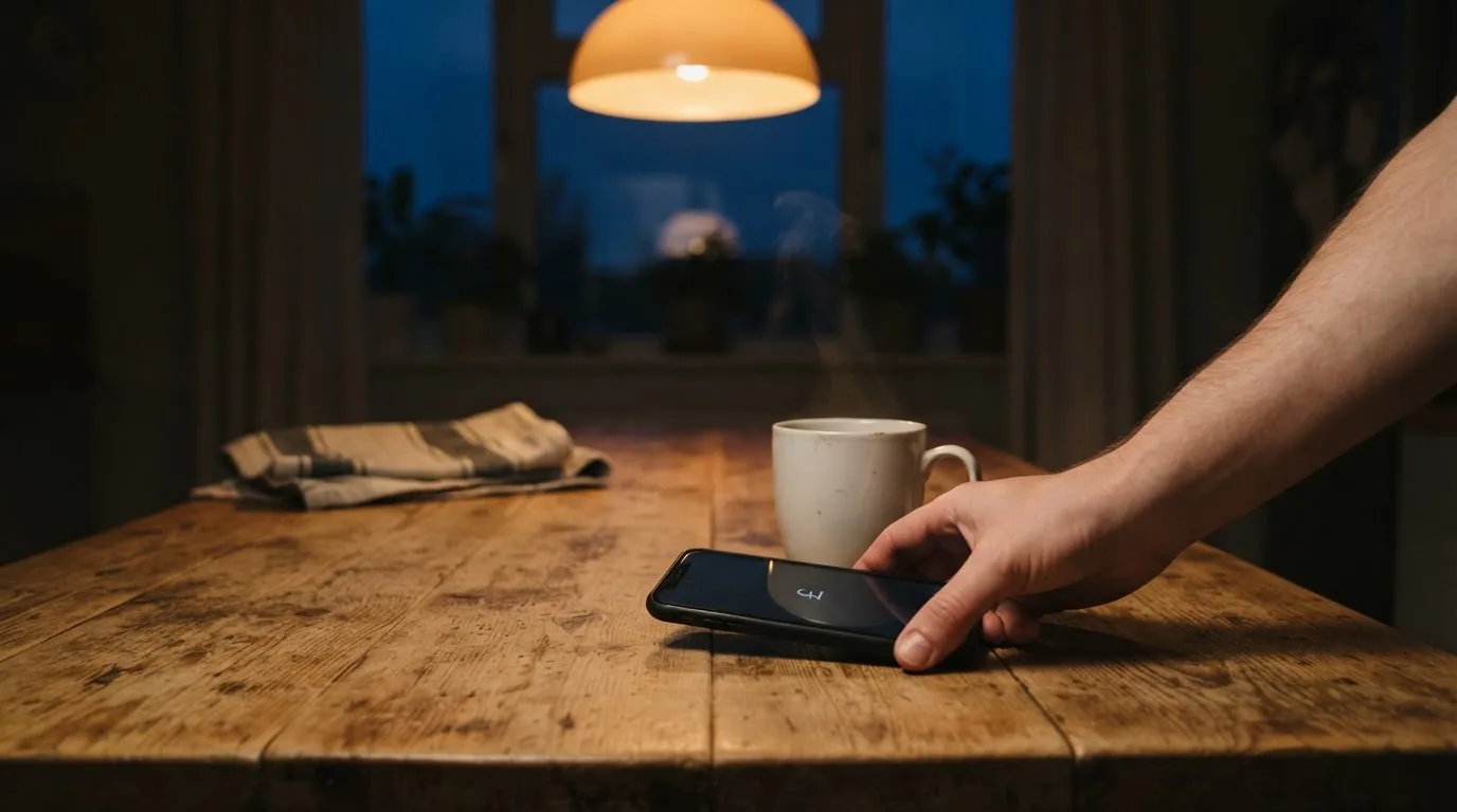 A hand setting a smartphone down beside a cup of tea on a kitchen table on a quiet evening