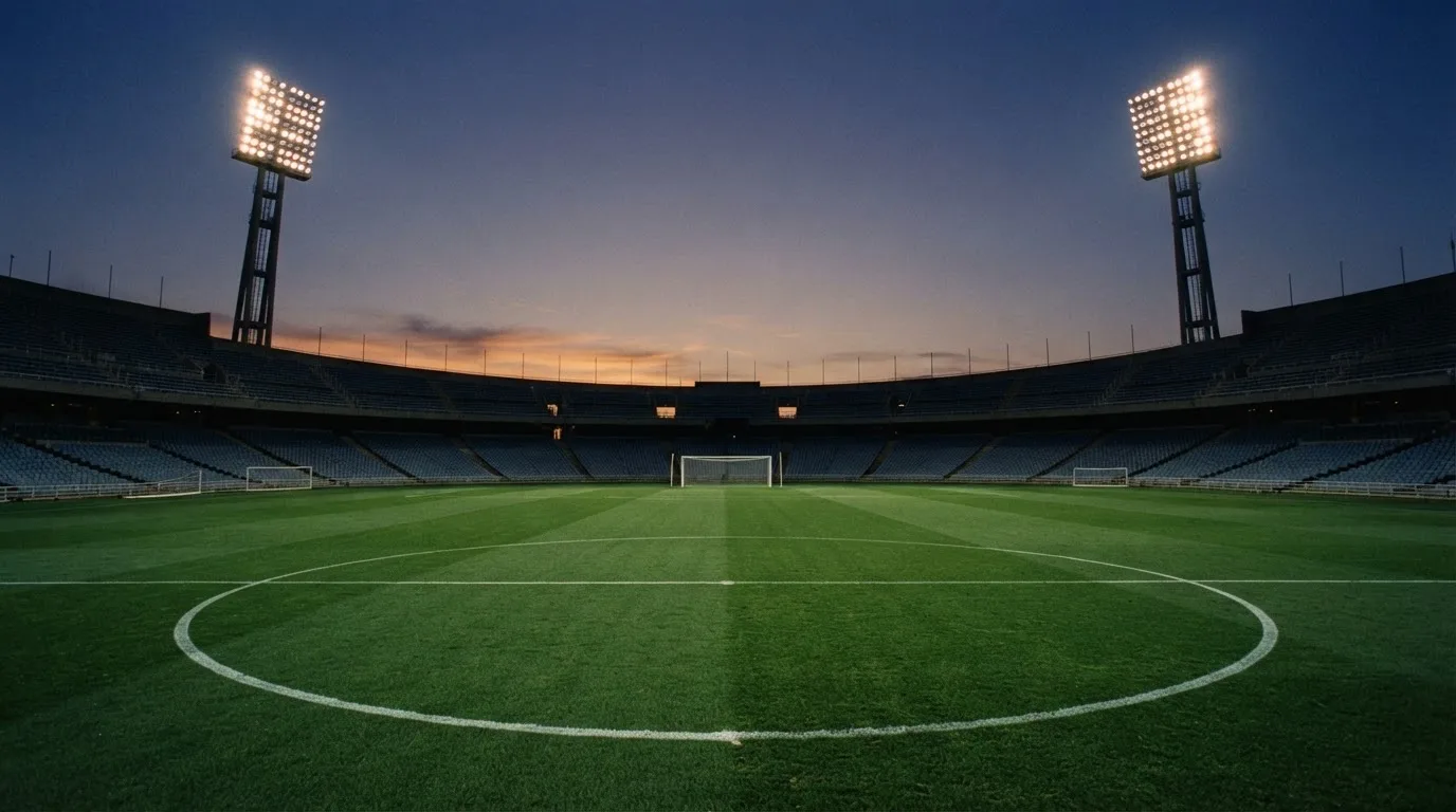 An empty football stadium with floodlight masts at dusk