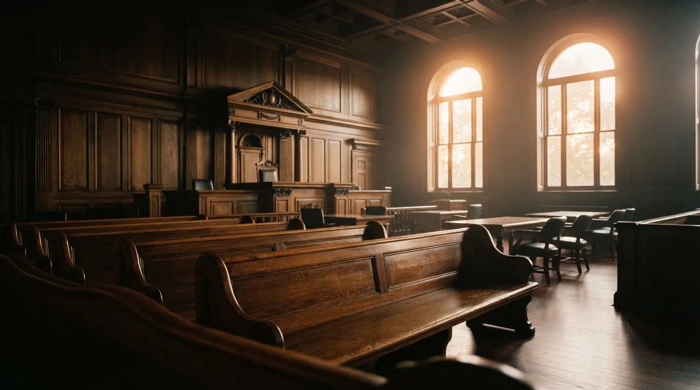 An empty courtroom with wooden benches in morning light