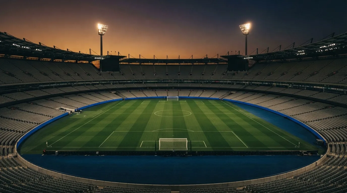 An empty football stadium with floodlight masts at dusk