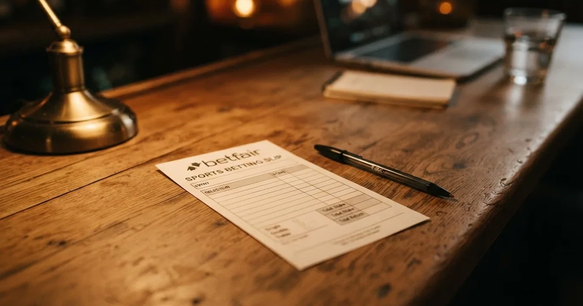 A blank paper betting slip beside a pen on a wooden counter