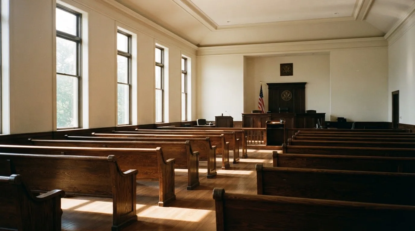 An empty courtroom with wooden benches in morning light