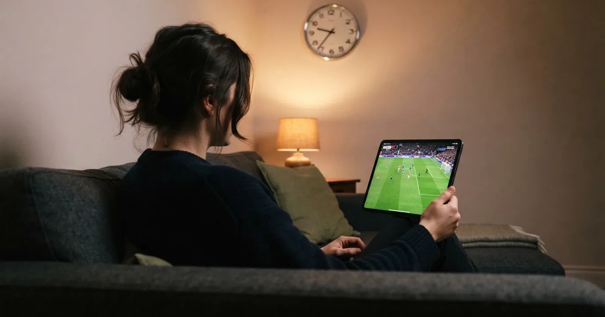 A person on a sofa looking thoughtfully at a tablet, a wall clock in the background