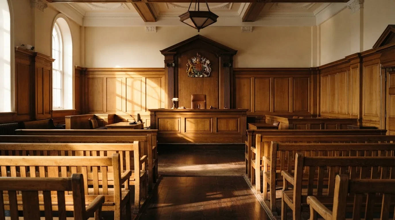 An empty courtroom with wooden benches in morning light