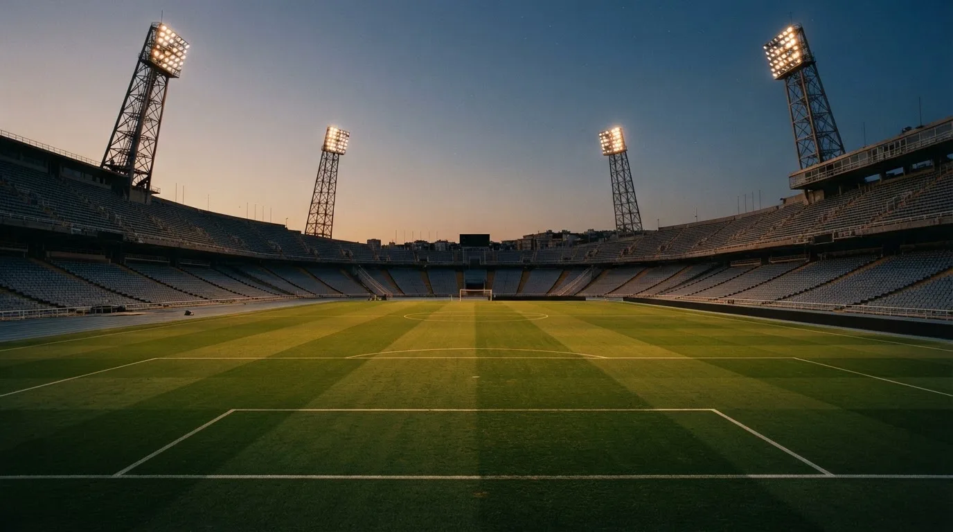 An empty football stadium with floodlight masts at dusk