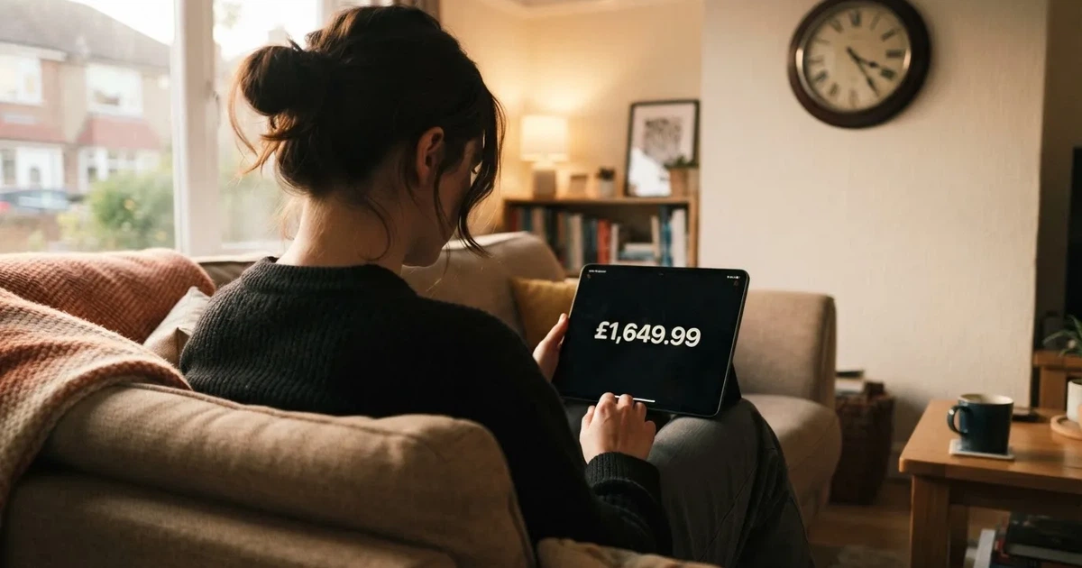 A person on a sofa looking thoughtfully at a tablet, a wall clock in the background
