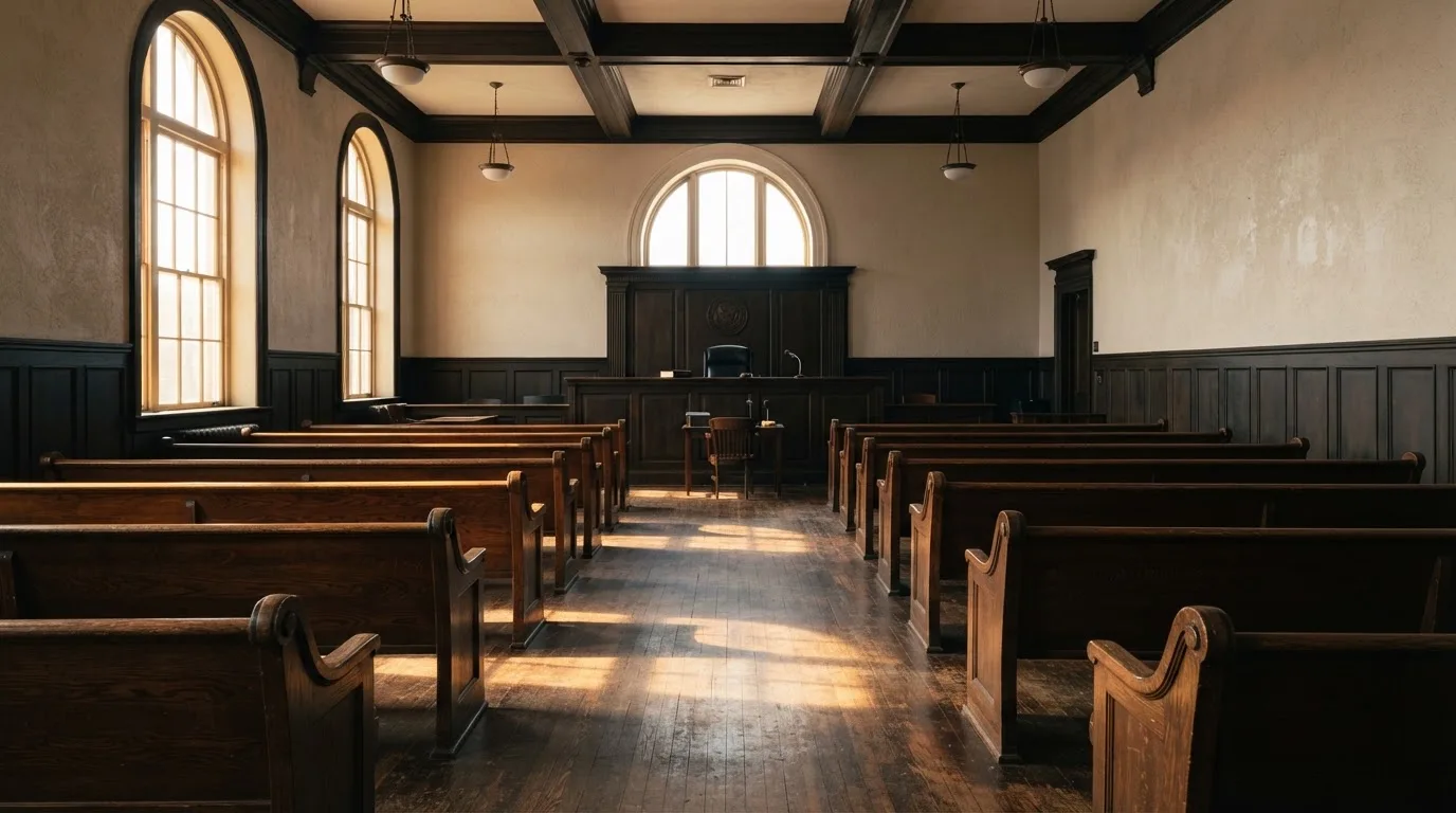 An empty courtroom with wooden benches in morning light