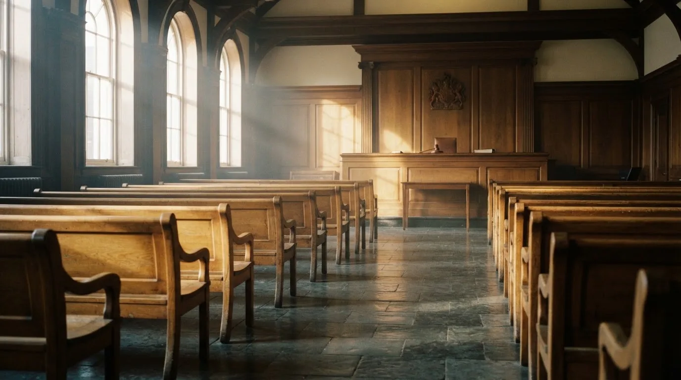 An empty courtroom with wooden benches in morning light