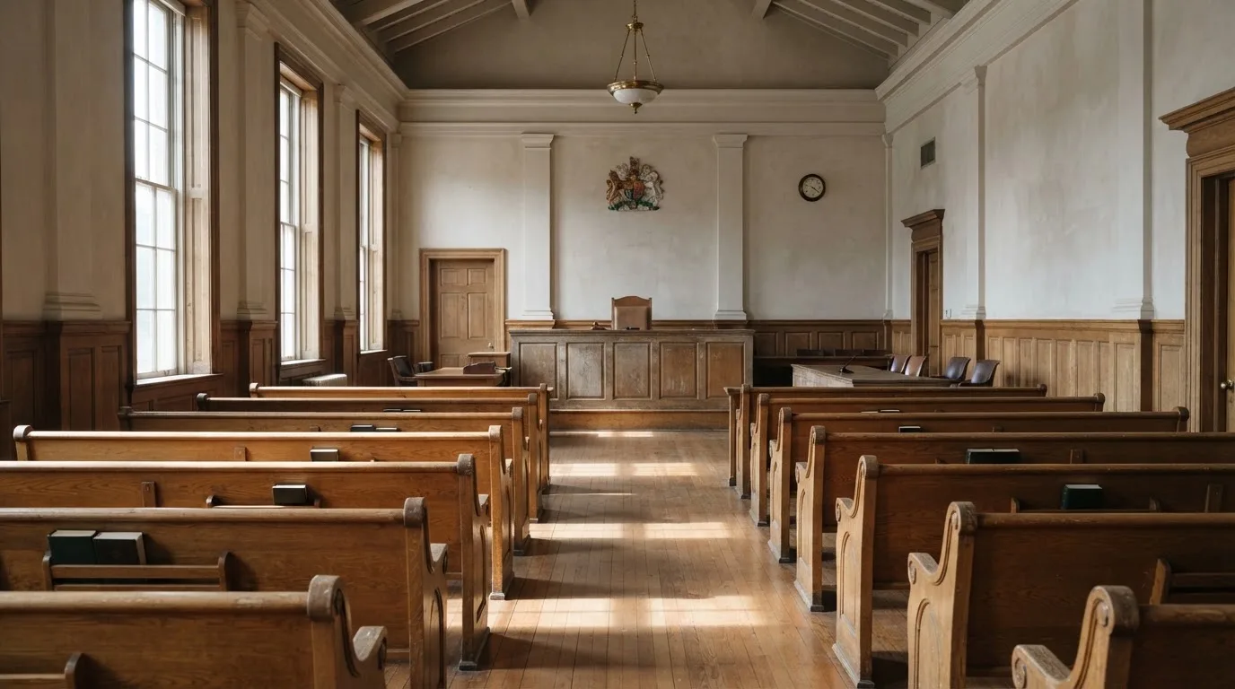 An empty courtroom with wooden benches in morning light