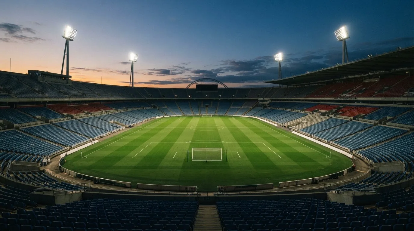 An empty football stadium with floodlight masts at dusk