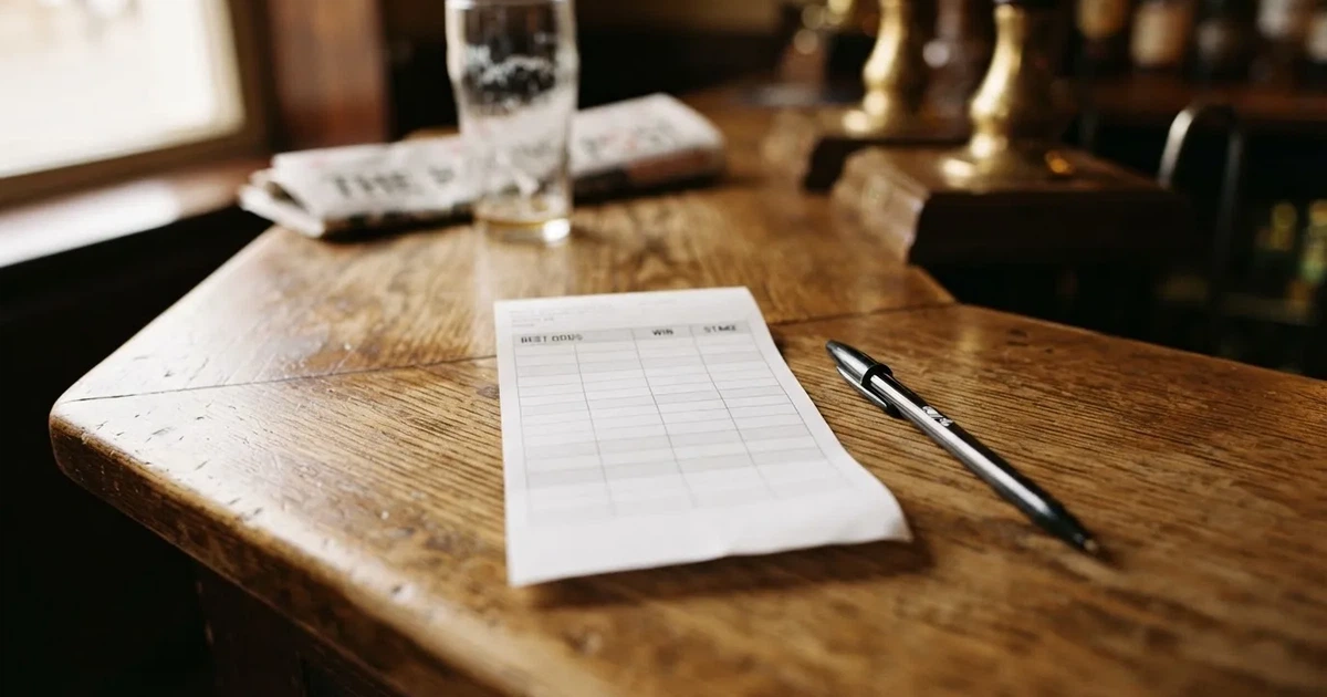 A blank paper betting slip beside a pen on a wooden counter