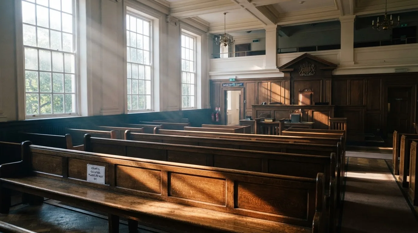 An empty courtroom with wooden benches in morning light
